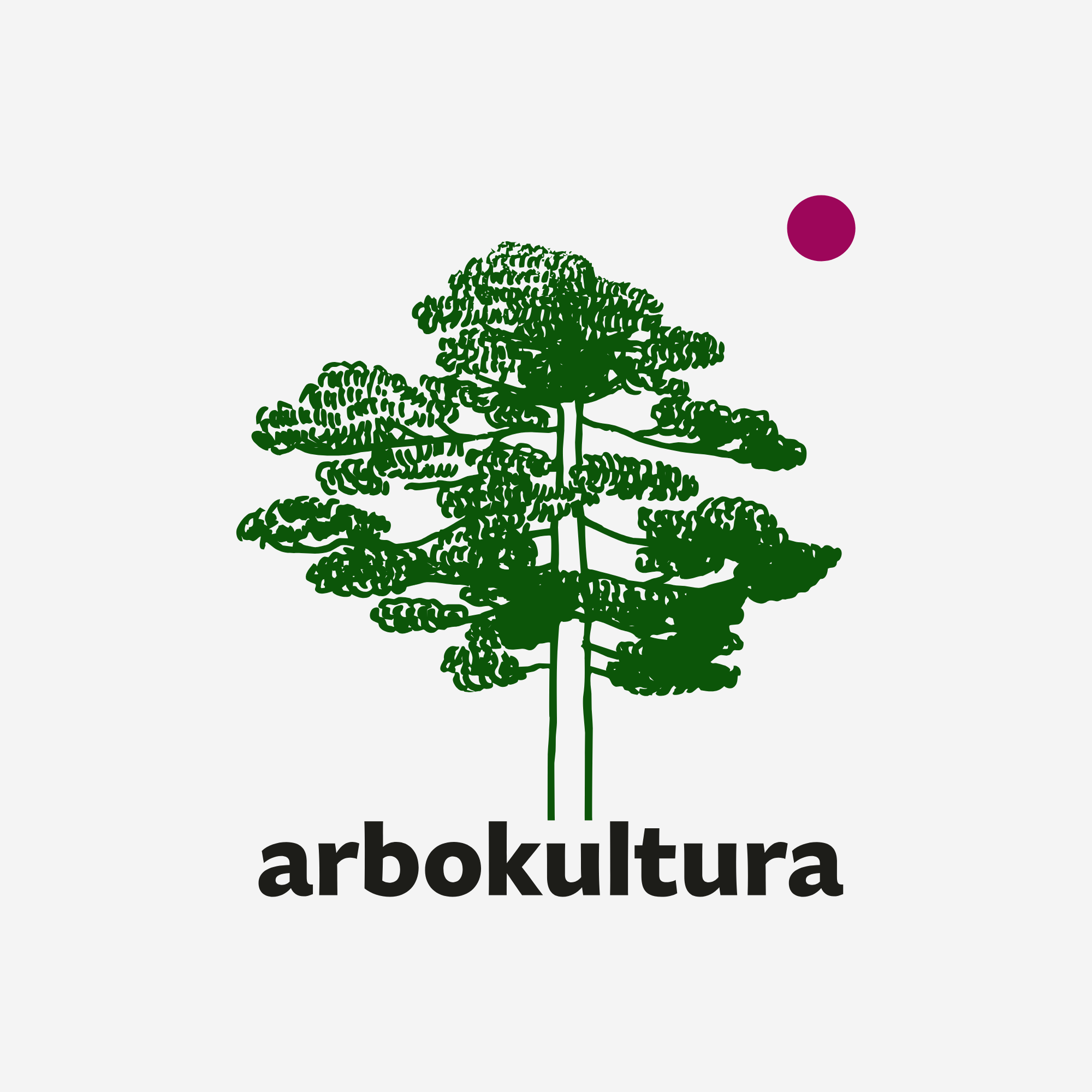 Logo przedstawiające zielone drzewo z purpurowym kołem, pod którym widnieje napis „arbokultura” czarną czcionką na jasnym tle.